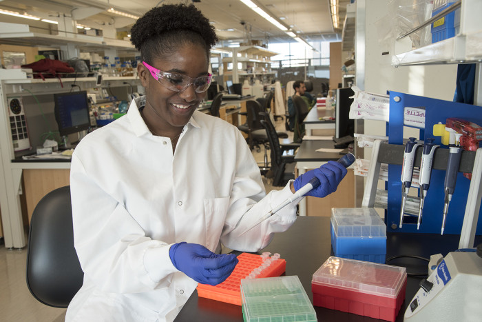 PhD biology student Boahemaa Adu-Oppong, who works in the laboratory of Gautam Dantas, PhD, in the 4515 McKinley Research Building, said the new facility's design has enabled her to be more productive.