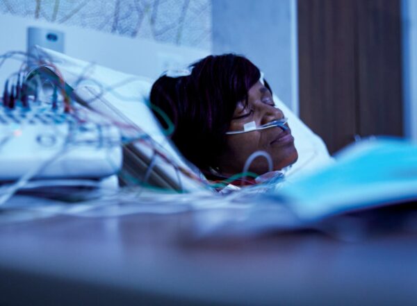 A patient undergoes a sleep study at the Washington University Sleep Medicine Center.