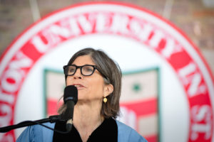 Anna Quindlen addressing graduates at the all-university ceremony