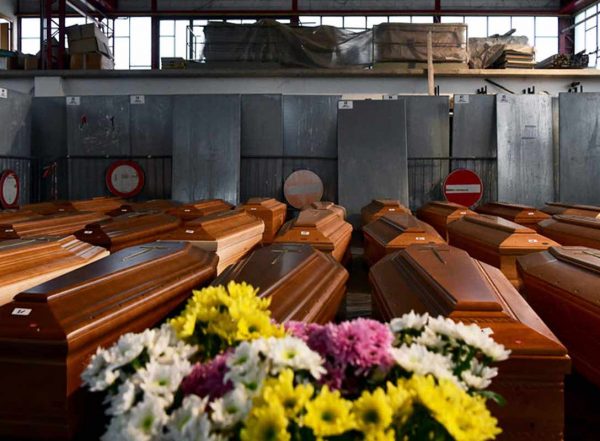 Coffins of deceased people stored in a warehouse near Bergamo — a city at the heart of Italy's coronavirus crisis — before being transported to another region for cremation.