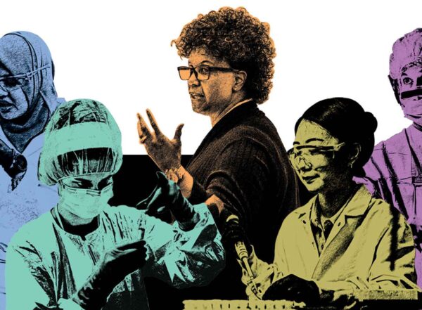 A composite of colorful illustrated photos shows five women at work. Four are physicians and scientists dressed in PPE. At the center, Sherree Wilson, PhD, Dean of DEI, leads a discussion.