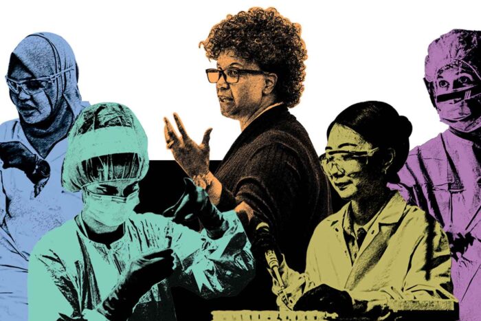A composite of colorful illustrated photos shows five women at work. Four are physicians and scientists dressed in PPE. At the center, Sherree Wilson, PhD, Dean of DEI, leads a discussion.