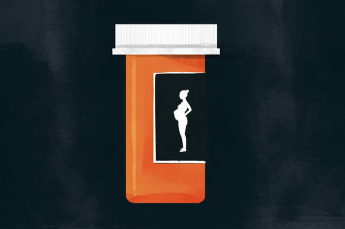 Illustration of a prescription bottle with the silhouette of a pregnant woman on the label. The bottle is foregrounded on a dark, nebulous background.