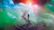 Painterly illustration shows a teen girl paused on a staircase that reaches from gray clouds into a rainbow-stained sky. In front of her, the stairs take on more color as they fly apart in every direction.