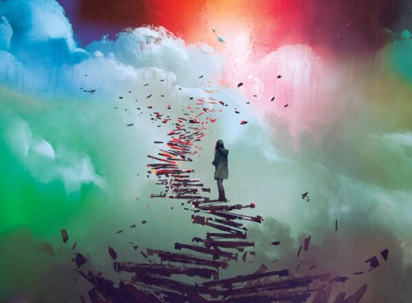 Painterly illustration shows a teen girl paused on a staircase that reaches from gray clouds into a rainbow-stained sky. In front of her, the stairs take on more color as they fly apart in every direction.